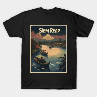 The tranquil waters of Siem Reap reflect lush surroundings and traditional boats. This artistic portrayal invites travelers to explore its T-Shirt